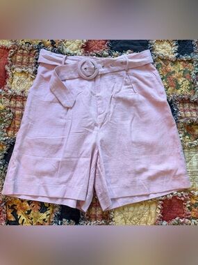 Lost + Wander Blush High-Waist Belted Linen-Blend Shorts